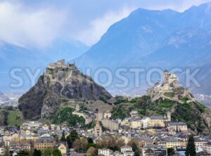 Panoramic view of Sion town in the swiss Alps valley, Switzerland