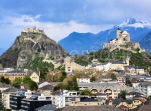 Sion town in in the Alps mountains valley, Valais, Switzerland