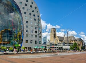 The Markthal building and Laurenskerk church  in Rotterdam, South Holland, Netherlands