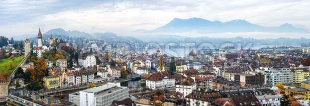 Panoramic view of the Lucerne Old town, Switzerland, on a misty day - GlobePhotos - royalty free stock images