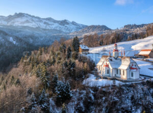 Hergiswald church in swiss Alps mountains, Lucerne, Switzerland