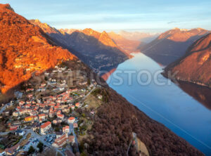 Lake Lugano and Monte Bre mountain on sunset, Switzerland