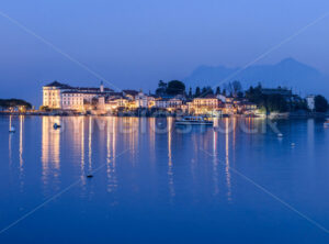 Panoramic view of Lago Maggiore lake at night, Italy