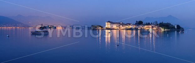 Panoramic view of Lago Maggiore lake at night, Italy