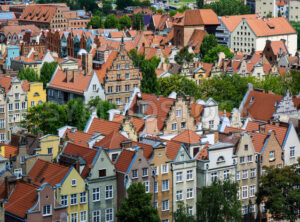 View over the red roofs of Gdansk Old town, Poland