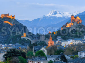 Historical Sion town with its two castles at late evening Switzerland