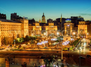 Kiev, Ukraine, panorama of Maidan square in the city center in the evening