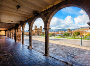 Main square of Cusco Old town from the traditional archways, Peru