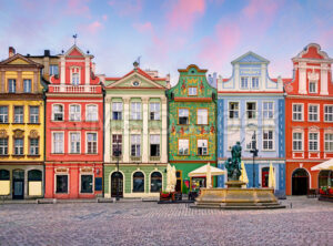 Colorful renaissance facades on the central market square, Poznan, Poland