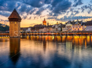 Lucerne city Old town, Switzerland, in sunset light