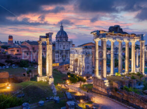 Roman Forum ruins in Rome city on sunset, Italy