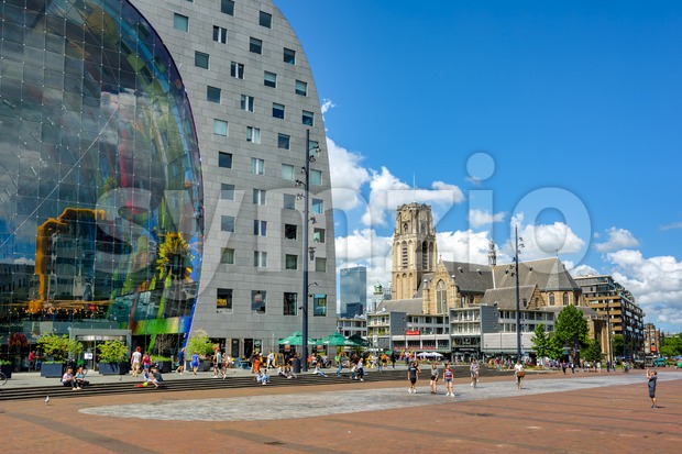 The Markthal building and Laurenskerk church  in Rotterdam, South Holland, Netherlands Stock Photo