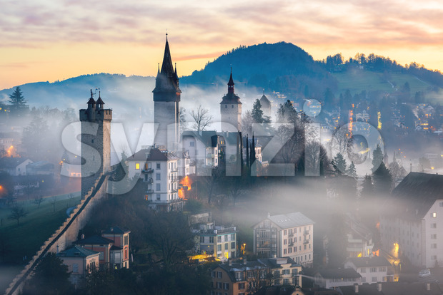 Lucerne Old town on a misty morning, Switzerland Stock Photo