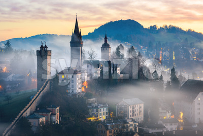 Lucerne Old town on a misty morning, Switzerland Stock Photo