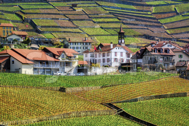 A village in Lavaux vineyard terrace region by Lausanne, Switzerland Stock Photo