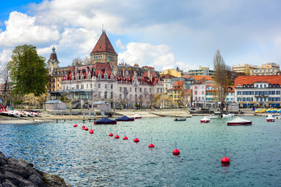 Ouchy district on Lake Geneva in Lausanne city, Switzerland Stock Photo