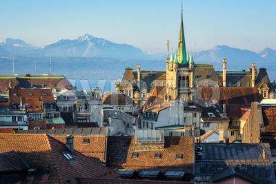 Lausanne Old town and Lake Geneva, Switzerland Stock Photo
