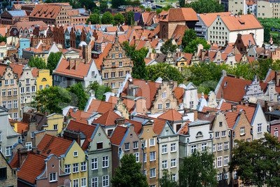 View over the red roofs of Gdansk Old town, Poland Stock Photo