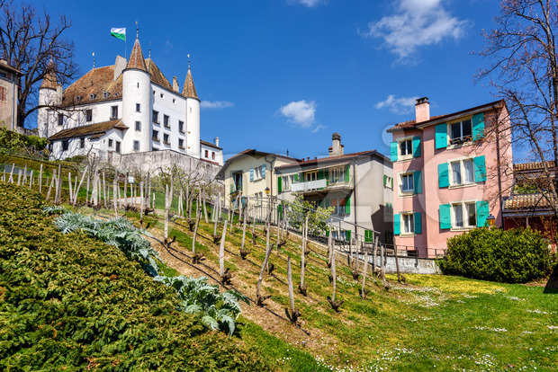Nyon town and Castle, Valais, Switzerland Stock Photo