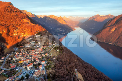 Lake Lugano and Monte Bre mountain on sunset, Switzerland Stock Photo