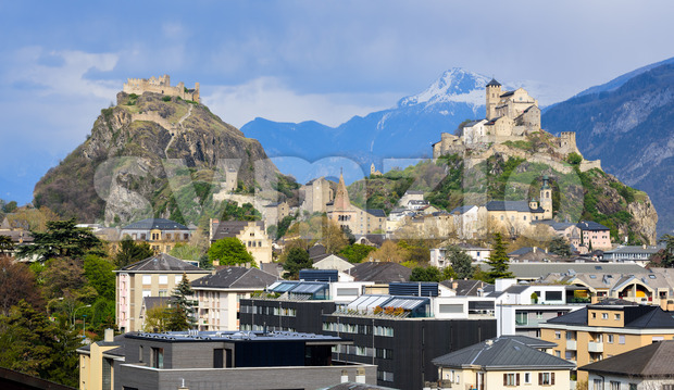 Historical Sion town with its two castles, Valais, Switzerland Stock Photo