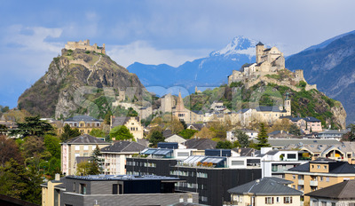 Historical Sion town with its two castles, Valais, Switzerland Stock Photo