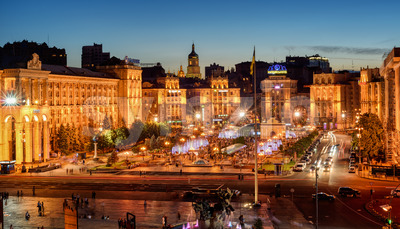 Kiev, Ukraine, panorama of Maidan square in the city center in the evening Stock Photo