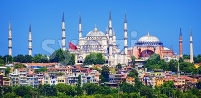 Panoramic view of Istanbul with Blue Mosque and Hagia Sophia cathedral from Marmara Sea, Turkey Stock Photo