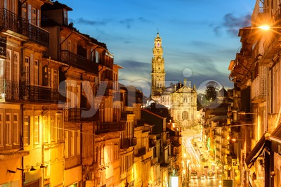 Panorama of Porto with Dos Clerigos cathedral at night, Portugal Stock Photo