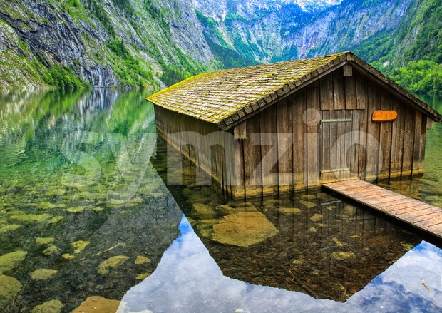 Fisherman's house on Konigsee lake in the Alps mountains, Germany Stock Photo