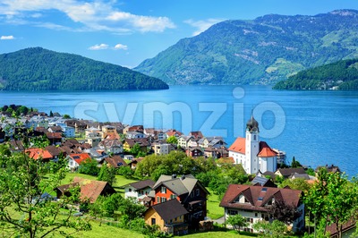Lake Lucerne and the Alps mountains by Ruetli, Switzerland Stock Photo