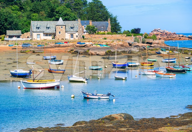 Stone house and fishermen's boat in Brittany, France Stock Photo