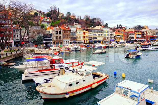 Small colorful harbor in Istanbul city, Turkey Stock Photo