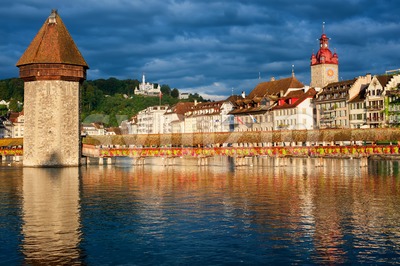 Lucerne, Switzerland, view over the old town with Chapel Bridge, Water Tower, Gutsch palace Stock Photo