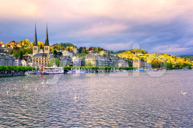 Luxury hotels at the waterfront of Lake Lucerne, Lucerne town, Switzerland Stock Photo
