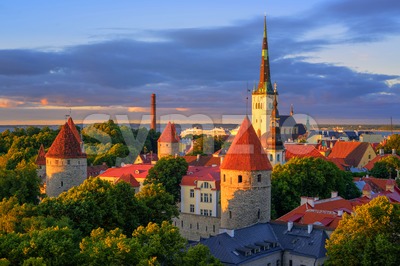 Medieval churches and towers in the old town of Tallinn, Estonia Stock Photo