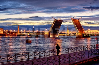 Panoramic view over Neva river in white night time, St Petersburg, Russia Stock Photo