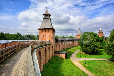 Red brick walls and towers of Novgorod, Russia Stock Photo