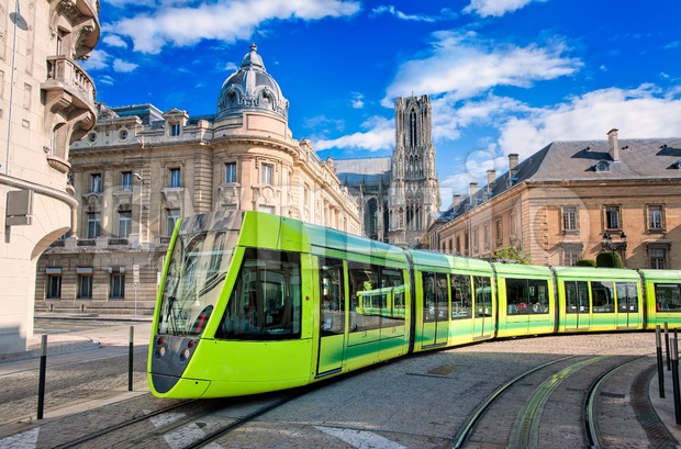 Modern tram on the streets of the old town of Reims, France Stock Photo