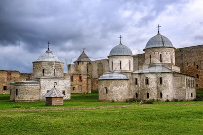 Orhtodox churches inside Ivangorod Fortress, Russia Stock Photo