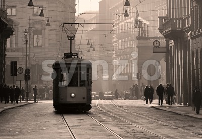 Historical tram in Milan old town, Italy Stock Photo