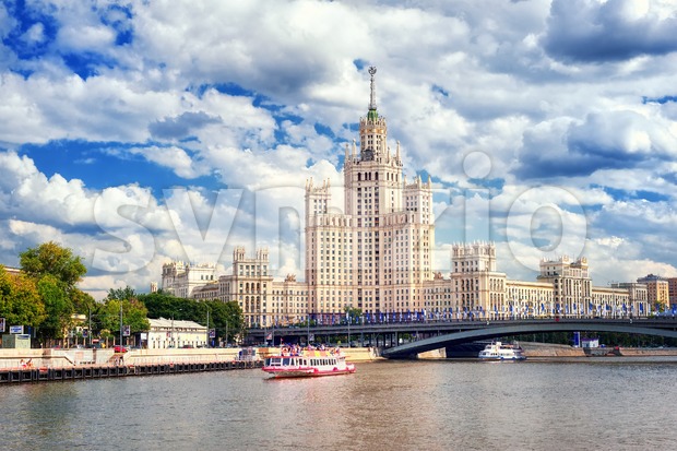 Stalinist skyscraper on Moskva river, Moscow, Russia Stock Photo