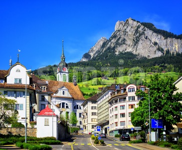 Schwyz town in Alps mountains, Central Switerland Stock Photo