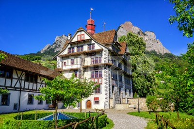 Traditional swiss house in Schwyz, Switzerland Stock Photo