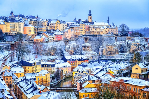 Luxembourg city snow white in winter, Europe Stock Photo