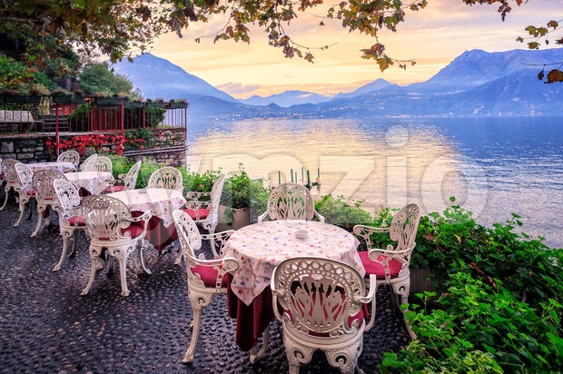 Lake Como and Alps Mountains on sunset, Italy Stock Photo