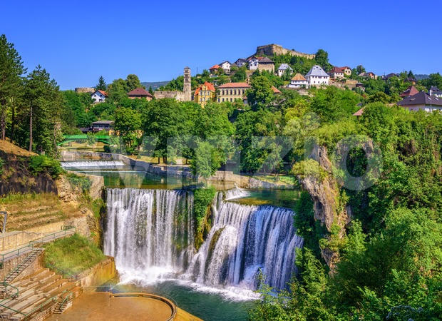 Jajce town and Pliva Waterfall, Bosnia and Herzegovina Stock Photo