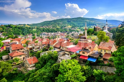 Panorama of the historical old town of Travnik, Bosnia Stock Photo