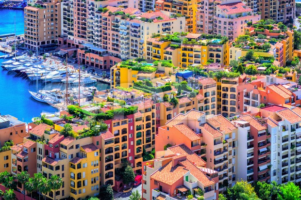 Colorful apartment buildings in the city center of Monaco Stock Photo