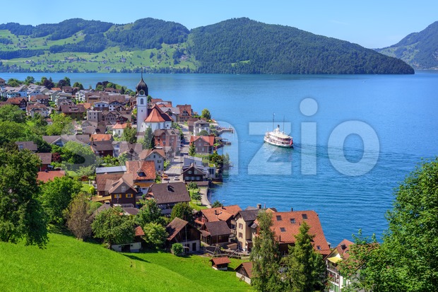 Swiss landscape with Lake Lucerne and Alps Mountains, Switzerland Stock Photo